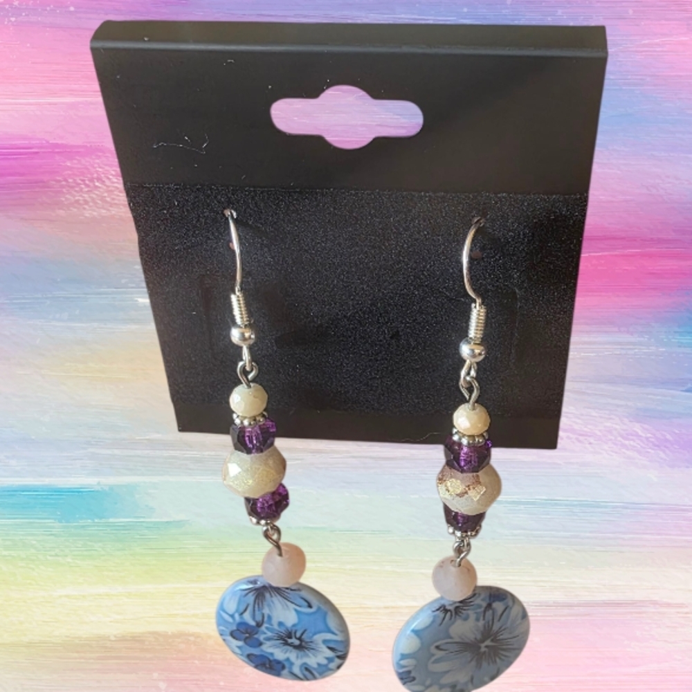 Chic Floral Blue and Purple Dangle Earrings